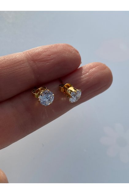 Solitaire Nail Steel 1 Pair Earrings with Zircon Stone 6 mm
