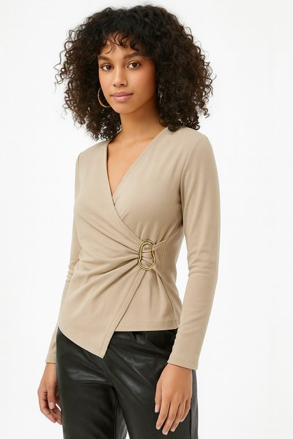 Women's V-Neck Gathered Buckle Long Sleeve Stone Interlock Fabric Blouse