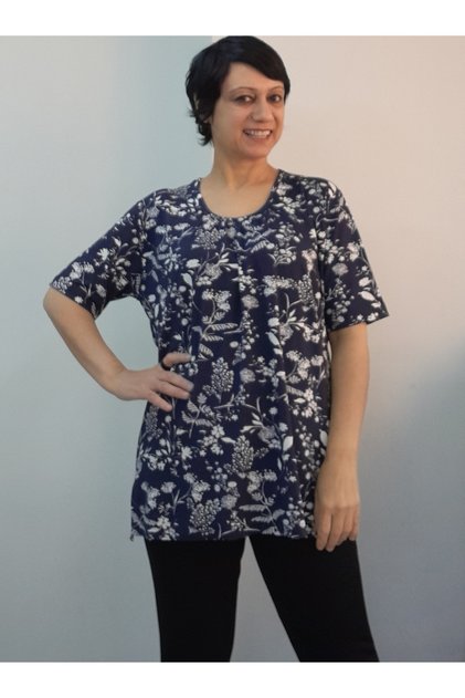 Navy Blue Floral Print Front Gathered Short Sleeve Combed Viscose T-Shirt