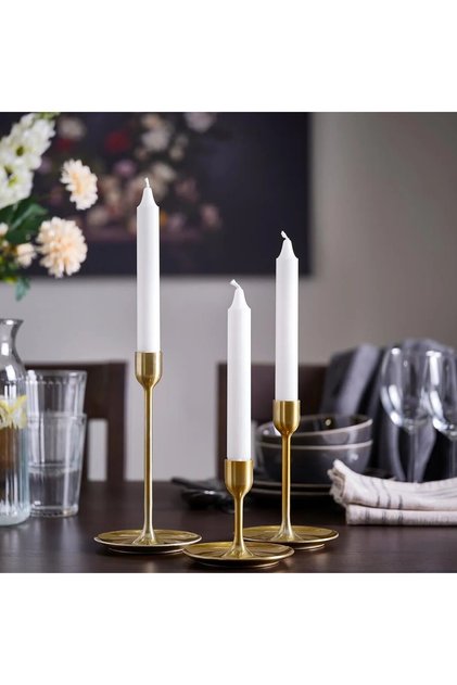 3 Adet Şamdan (Yükseklik 10, 15 ve 20 cm) 3'lü Set Dekoratif Mumluk Metal Altın Renk