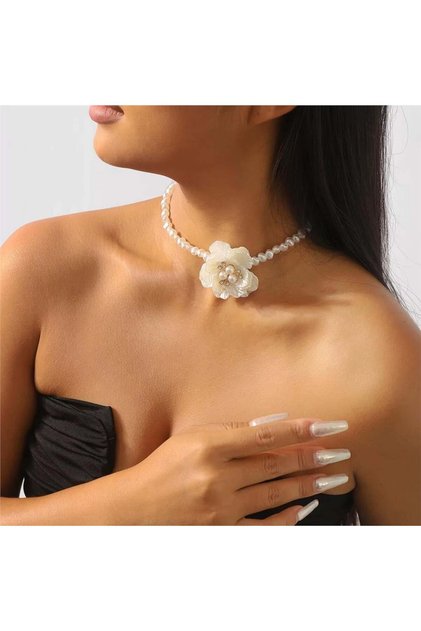 White Magnolia Flower Pearl Necklace