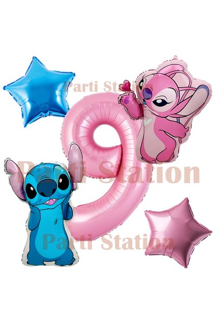 Lilo Stitch and Angel Balloon Set 9 Years Old 5 Piece Pink Number and Star Foil Balloon Birthday Party Set