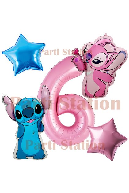 Lilo Stitch and Angel Balloon Set for Age 6, 5-Piece Pink Number and Star Foil Balloon Birthday Party Set