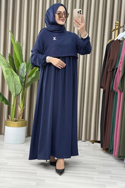 Güli̇zar Elbi̇se Ayrobin Fabric Women's Navy Blue Hijab Dress with Cape Detail