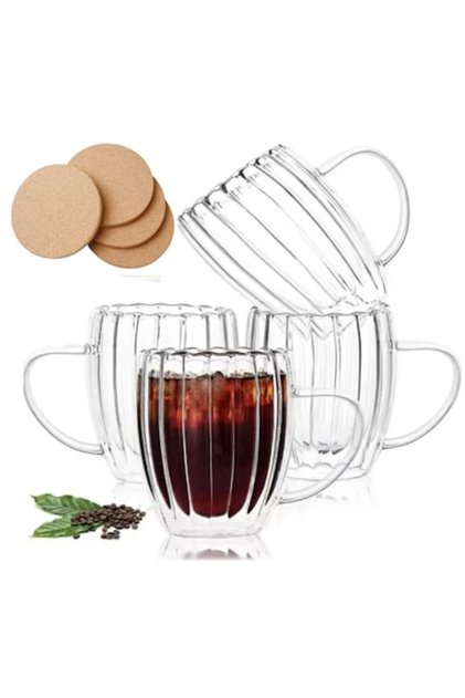 Set de 4 pahare cu perete dublu și mâner, 330 ml, cu dungi, fabricate din sticlă borosilicată premium rezistentă la căldură, design modern, transparente, pentru cafea, cappuccino, ceai, cu suport din plută, Ideas4C