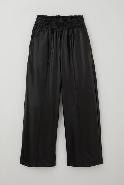 Girl's Leather Pants with Stitching Detail, Elastic Waist, Pockets, Ages 8-14, Black