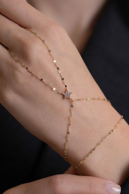 14 Ayar Altın Taşlı Yıldız Aynalı Zincir Şahmeran