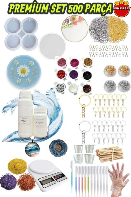 Premium Epoksi Reçine Başlangıç Seti 500 Parça 1.5 Kg Epoksi Glitter Kalıplar Terazi Full Ekipman