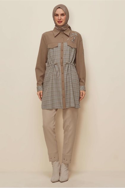 Plaid Tunic with Waist Tie 46176