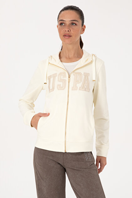 Women's Cream Zippered Hooded Basic Sweatshirt 50307769-Vr256