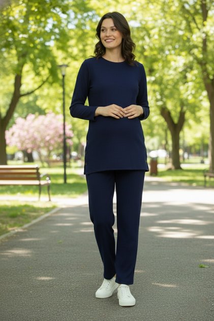 Navy Blue Side Buttoned Maternity and Postpartum Tracksuit Set