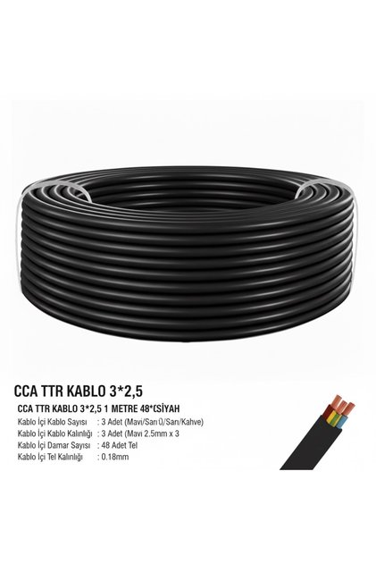 CCA TTR Kablo 3x2.5 (3*2,5) Siyah Elektrik Kablosu 1 Metre 48x0,18mm