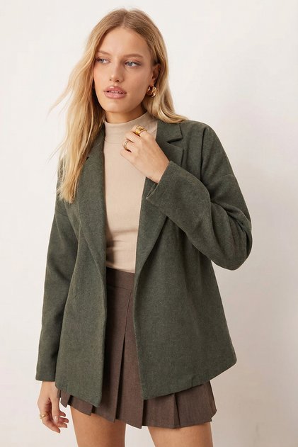 Women's Green Men's Collar Side Slit Oversized Jacket Arm-26K001009