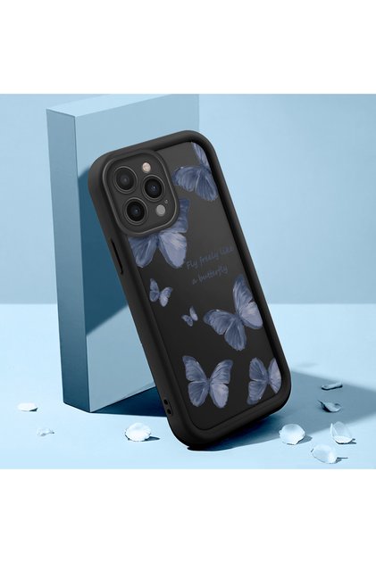 iPhone 16 Pro Max Compatible Black Silicone Butterfly Pattern Impact Protection Case