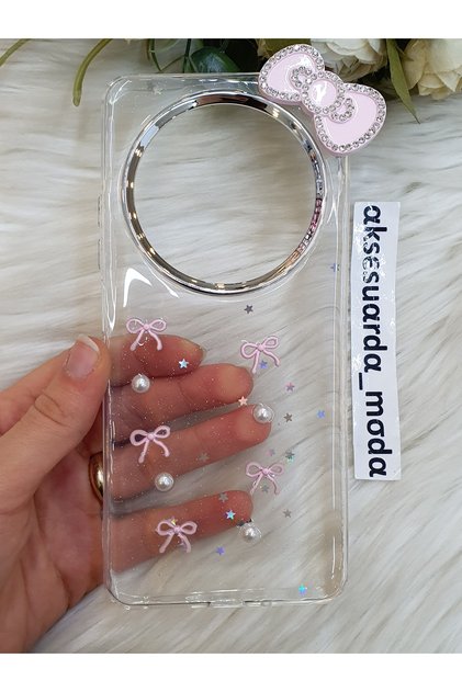 Xiaomi Redmi 14C Compatible Pink Bow Detailed Glitter Transparent Case