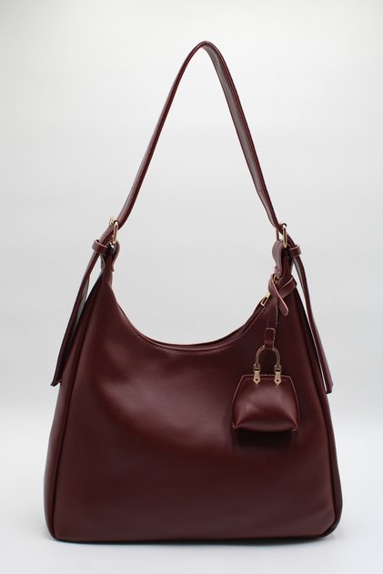 Women's Large Size Leather Charm Adjustable Shoulder Strap Hand and Shoulder Bag Burgundy
