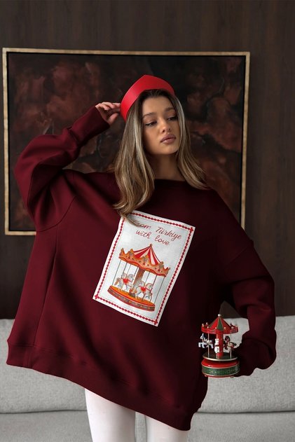 Women's Oversized Sweatshirt Dress Carousel Love Printed Burgundy – Crew Neck, 3 Thread Ş Fleece-Lined Fleece