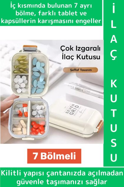 Seyahat Çanta Boy Tablet Kapsül Karışımı Önleyen Kilitli 7 Izgara Bölmeli Pratik İlaç Saklama Kutusu