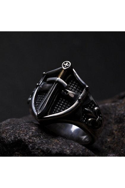 Resizable Minimalist Niche Men's Open End Ring Medieval Templar Vintage Shield Adjustable Size Ring