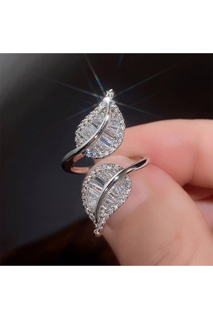 resizable ZC1549-1 Exquisite Leaf-Shaped Zircon Open Ring Shiny Crystal CZ Engagement Rings Wedding
