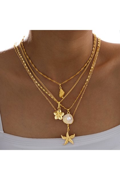 AYAGold 4Pcs/Set Shiny Shell Starfish Conch Flower Necklaces for Women Simple Imitation Pearl Gold C
