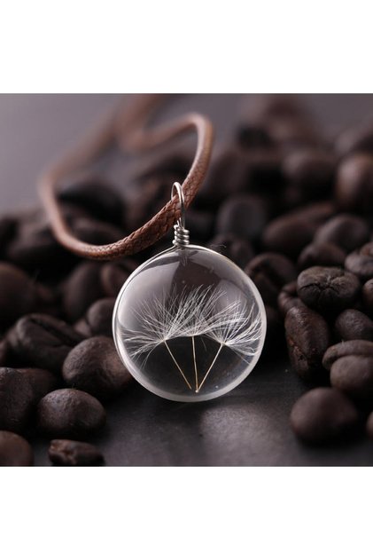 Imitation Rhodium Plated Round Dandelion Pendant Necklace Charm Natural Dandelion GlassCabochon Tran
