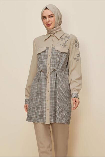 Plaid Tunic with Waist Tie 46176