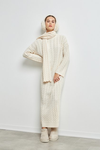 Scarf Detail Soft Knitted Tricot Dress Ecru