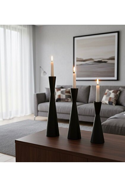 Small iron candle holder (candlestick), 3-piece set, black, 18cm, 22cm, 26cm