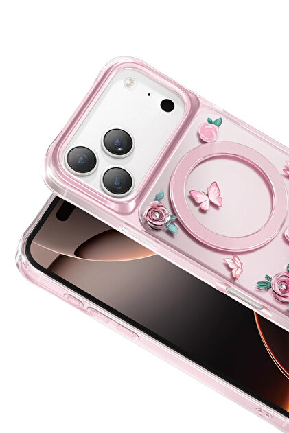 KeepHone Apple iPhone 17 Pro Max Kılıf Kristal Detaylı Gül Desenli