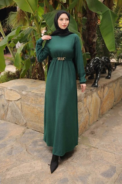 Emerald Green Chain Belted Corded Fabric Long Dress