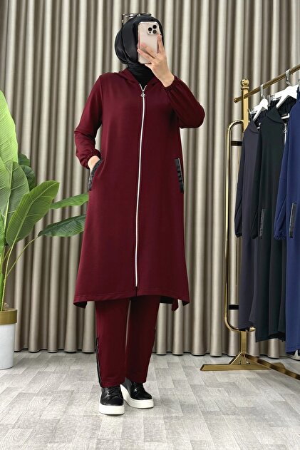 Muni̇re Takim Crystal Fabric Women's Burgundy Full Zipper Hooded and Pocketed Hijab Pants Set