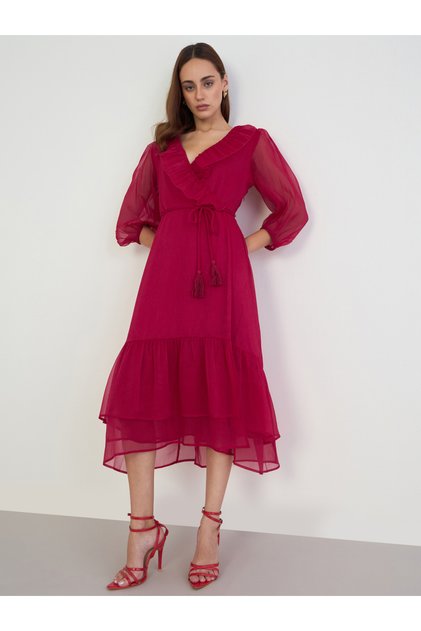 Magenta Ruffle Trim Midi Dress