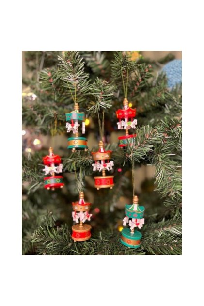 6-Piece Mini Wooden Carousel Christmas Ornament - Nostalgic Carousel Decor Set