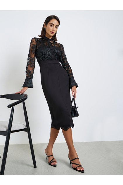 Women Black Lace Long Sleeves Sheath Midi Dress
