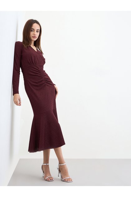 Women Burgundy Mermaid Hem Midi Dress