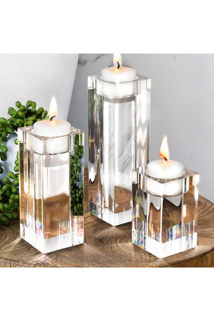 Clear Tealight Candle Holders Set of 3 — Silver Mirrored Table Centerpiece