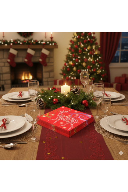33X33 cm – Red Christmas Deer and Snowflake Patterned Set of 16 New Year Napkins Table and Party Decoration