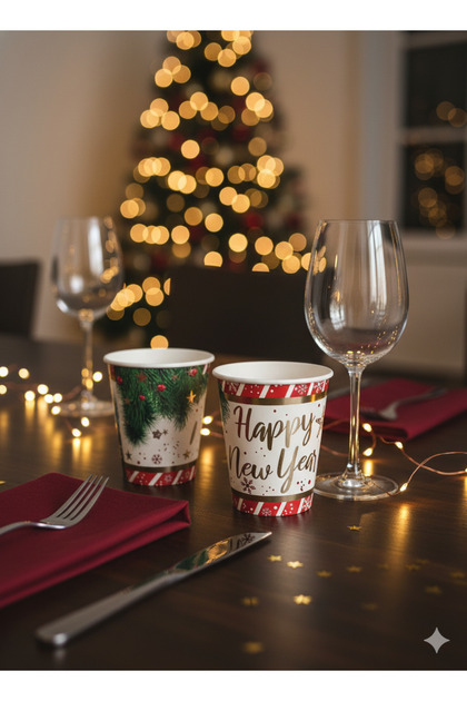 Pack of 6 New Year Themed Luxury Paper Cups - Happy New Year Gold Foil - New Year Party Drink