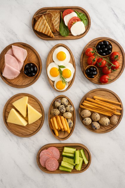 Natural Wooden Presentation Plates Set of 8 – Oval and Round – Serving and Breakfast Plate
