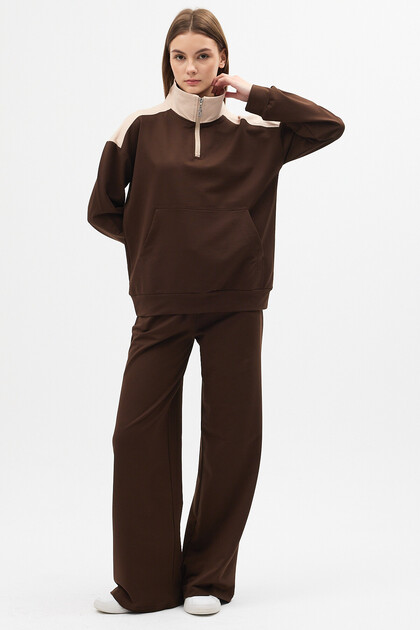 Brown Zipper Collar Double Color Block Compact Combed Cotton Tracksuit Set