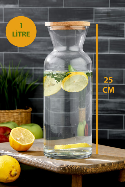 Ahşap Kapaklı Cam Sürahi Karaf 1000 ml Şık Dekoratif Vazo 25 cm