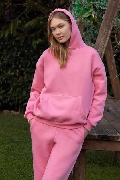 Hooded Unisex O Oversized Tracksuit Set with Fleece Inside - G09001 - Pink