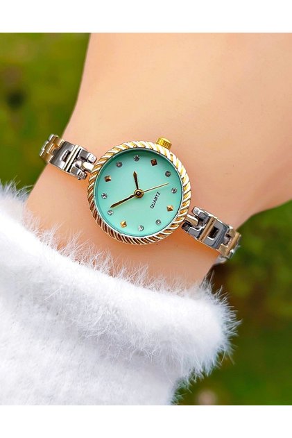 Gold Color Case Turquoise Dial Vintage Women Wristwatch + Watch Box