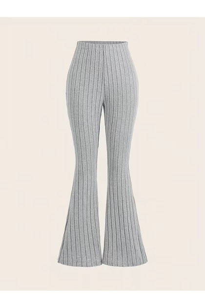 Gray Corded Fabric High Waist Flared Women's Trousers, Stretchy Knit Fabric Flared Pants