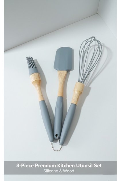 Ahşap Saplı Silikon Spatula Fırça Çırpıcı Seti 3'lü- Yanmaz Yapışmaz Mutfak Hazırlık ve Pastacı Seti