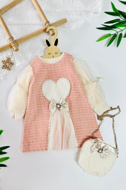 My Little Girl's Tulle Dress with Heart Detail and Bag - Salmon