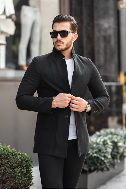 Men's Black Color Slim Fit Cashmere Coat