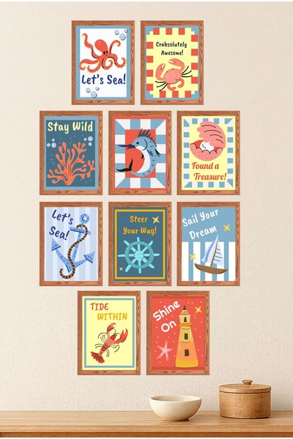 Sea Themed Set of 10 Decorative Paintings – Mdf Frame Look – Modern Wall Decor