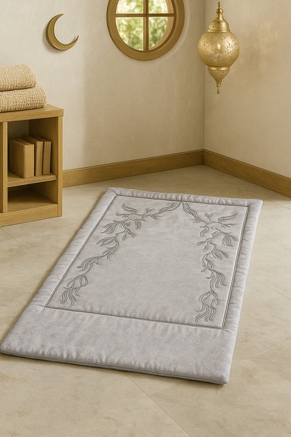 Sahara Gray Velvet Prayer Rug with Embroidery, Soft Sponge, Gift Dowry Bundle, Luxury Prayer Mat